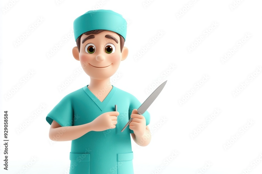 Skillful 3D Cartoon Surgeon in Scrubs with Scalpel on White Background Skillful 3D Cartoon Surgeon in Scrubs with Scalpel on White Background