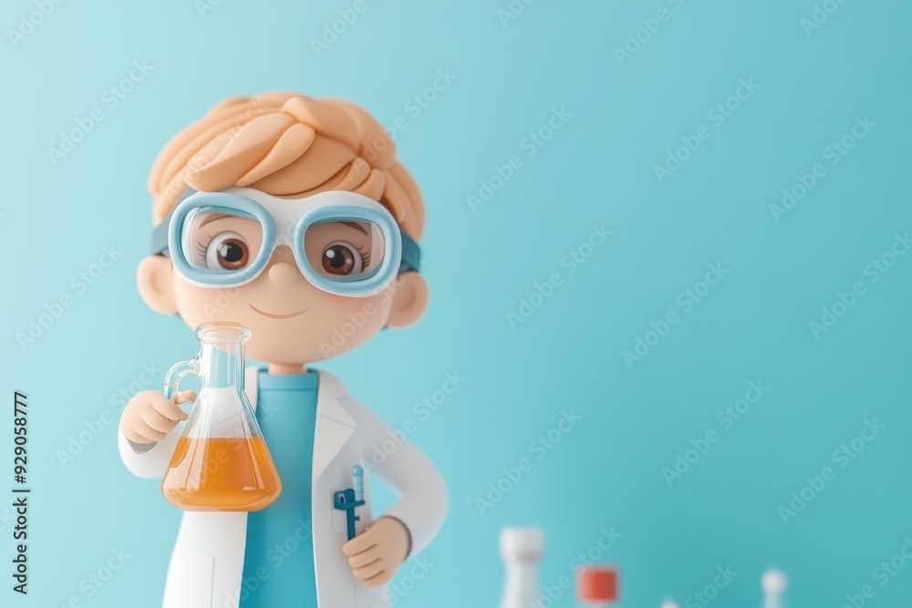 Cheerful 3D Cartoon Scientist with Flask and Goggles on Light Background Cheerful 3D Cartoon Scientist with Flask and Goggles on Light Background