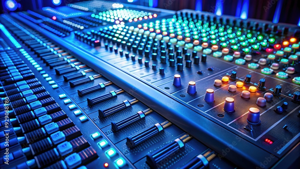 Professional audio mixing console with knobs, faders, and buttons, illuminated by soft blue lights, against a dark background, conveying a sense of music production. Professional audio mixing console with knobs, faders, and buttons, illuminated by soft blue lights, against a dark background, conveying a sense of music production.