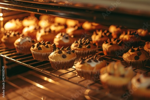 Oven racks filled with chocolate chip muffins, glowing warmly under the oven light, creating a cozy and inviting baking scene. photo