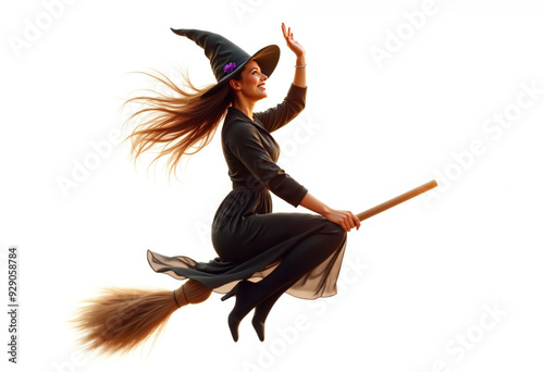 Witch Soaring on a Broomstick Isolated in White Background