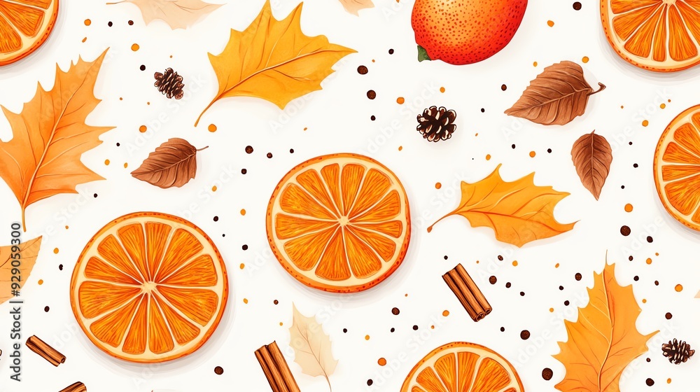Autumnal pattern with orange slices, leaves, cinnamon sticks and pine cones. Autumnal pattern with orange slices, leaves, cinnamon sticks and pine cones.