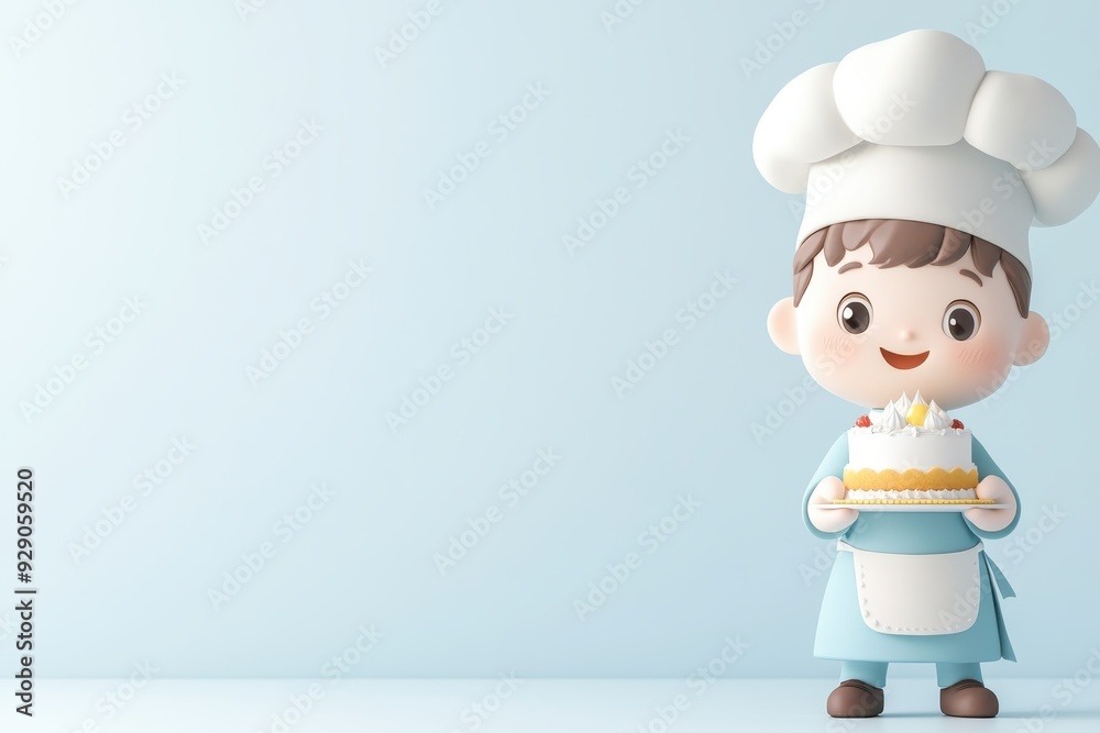 Happy 3D Cartoon Chef Holding Cake with Chef's Hat and Apron Isolated on White Background Happy 3D Cartoon Chef Holding Cake with Chef's Hat and Apron Isolated on White Background