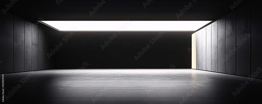 A minimalist interior space with a bright light source illuminating a dark room. A minimalist interior space with a bright light source illuminating a dark room.