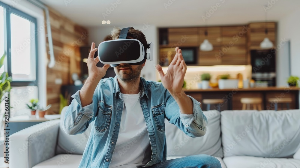 Designer using a VR headset to visualize interior design changes in a modern living room Designer using a VR headset to visualize interior design changes in a modern living room