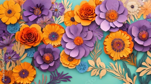 A vibrant arrangement of paper flowers in various colors and shapes on a teal background.