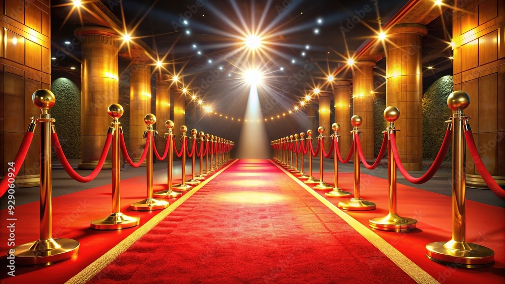 Φωτογραφία Red carpet sprawls across a luxurious venue floor, lined with golden stanchions and velvet ropes, awaiting glamorous arrivals under bright flashing lights