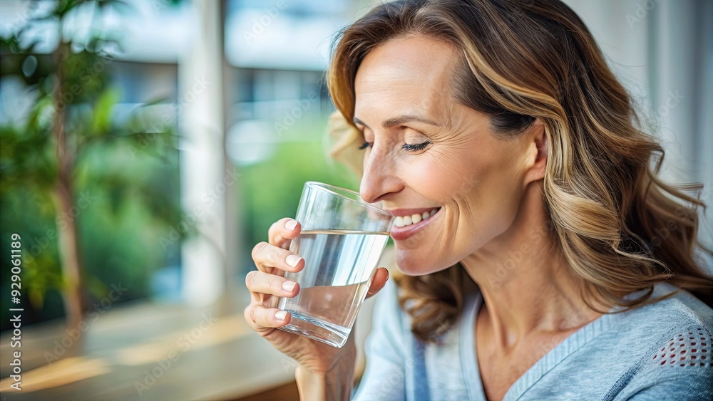 Refreshed and revitalized, a smiling mother takes a rejuvenating sip of clear water from a glass, embracing a healthy habit in a peaceful atmosphere. Refreshed and revitalized, a smiling mother takes a rejuvenating sip of clear water from a glass, embracing a healthy habit in a peaceful atmosphere.