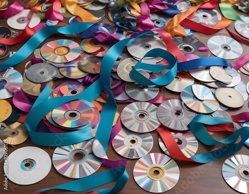 Music CDs and decorative fabric ribbons of various colors thrown randomly together