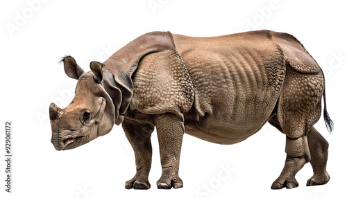 Isolated white rhinoceros, large horned mammal with grey skin, endangered wildlife photo