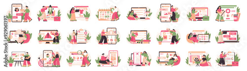 Mega set of pink concepts with people scene in flat cartoon design. An extensive collection of vibrant illustrations of men and women with big items. Vector illustration.