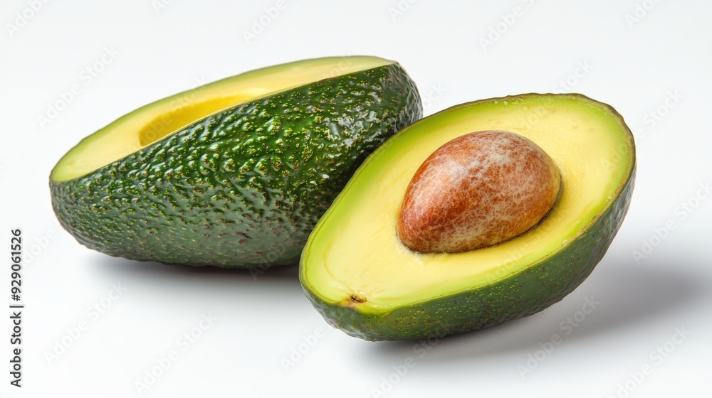 A ripe avocado, halved to reveal the creamy green flesh and large seed, isolated on a white background, emphasizing its premium export quality A ripe avocado, halved to reveal the creamy green flesh and large seed, isolated on a white background, emphasizing its premium export quality