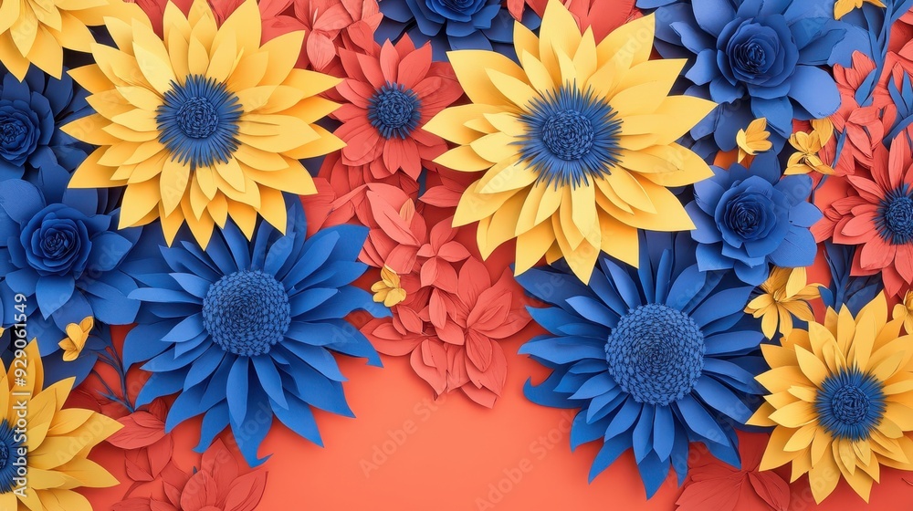A vibrant arrangement of paper flowers in various colors and styles, creating a decorative design. A vibrant arrangement of paper flowers in various colors and styles, creating a decorative design.