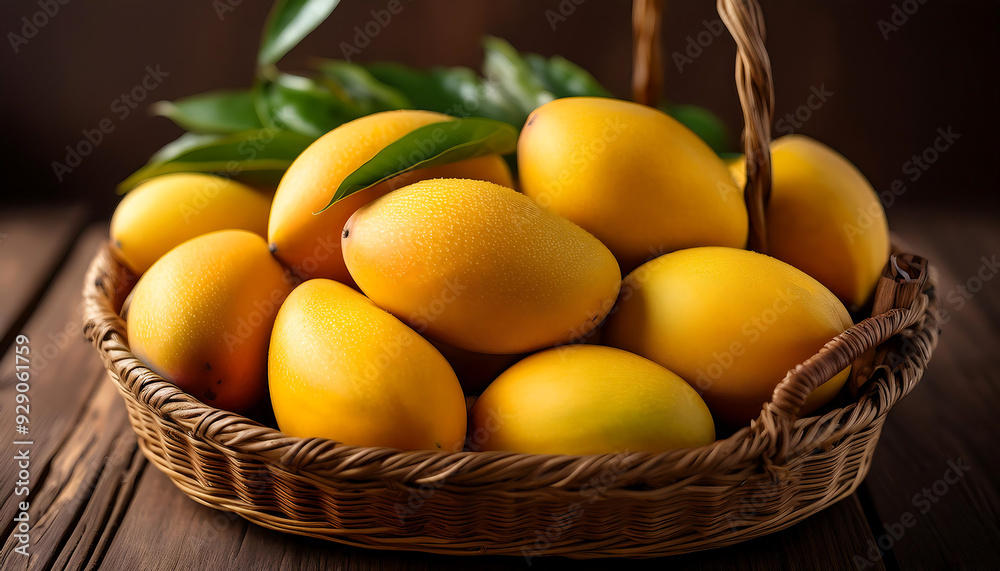 basket filled yellow mangoes arranged wooden background emphasize natural beauty tropical flavor basket filled yellow mangoes arranged wooden background emphasize natural beauty tropical flavor