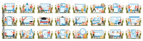 Bundle of colorful concepts with people scene in flat cartoon design. A massive collection of incredible illustrations of men and women with big items in various situations. Vector illustration.