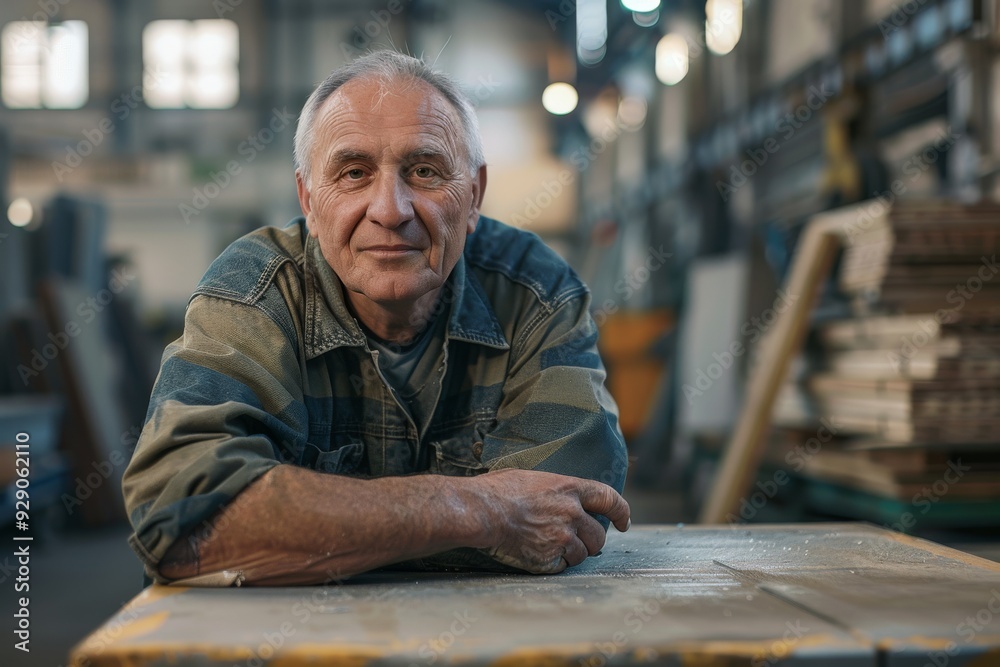 An elderly man in a workshop leans on a workbench, beaming with pride and contentment, surrounded by tools and wooden creations. An elderly man in a workshop leans on a workbench, beaming with pride and contentment, surrounded by tools and wooden creations.