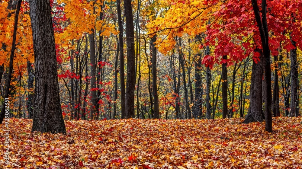 A quiet autumn forest with trees in vibrant red, orange, and yellow hues, the ground blanketed in leaves A quiet autumn forest with trees in vibrant red, orange, and yellow hues, the ground blanketed in leaves