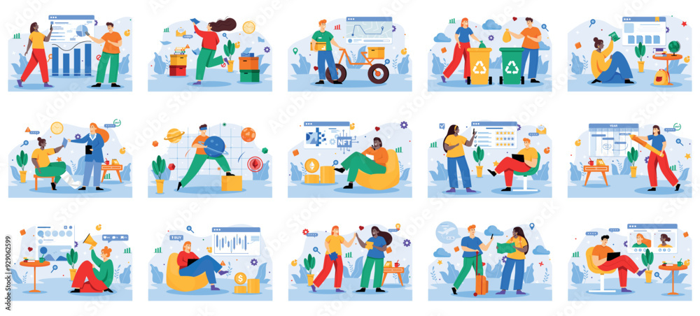 Mega set of vivid concepts with people scene in flat cartoon design. This collection features different illustrations on a blue background and shows different themes. Vector illustration. Mega set of vivid concepts with people scene in flat cartoon design. This collection features different illustrations on a blue background and shows different themes. Vector illustration.