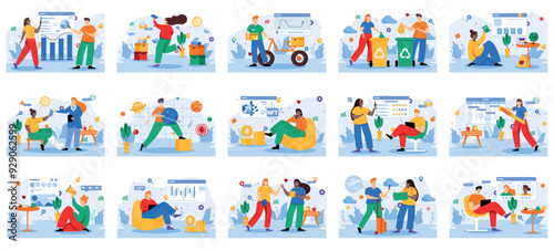 Mega set of vivid concepts with people scene in flat cartoon design. This collection features different illustrations on a blue background and shows different themes. Vector illustration.