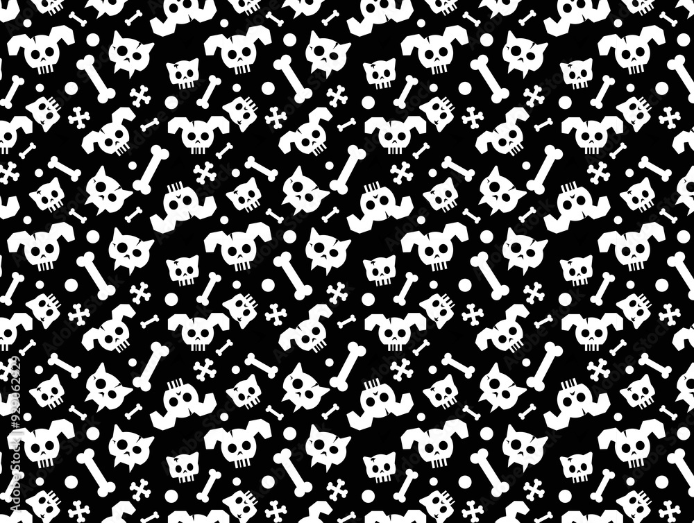 Fun Halloween Seamless pattern with cat and dog skulls and bones on black background. Cute simple flat pattern for textile, wrapping, wallpaper Fun Halloween Seamless pattern with cat and dog skulls and bones on black background. Cute simple flat pattern for textile, wrapping, wallpaper