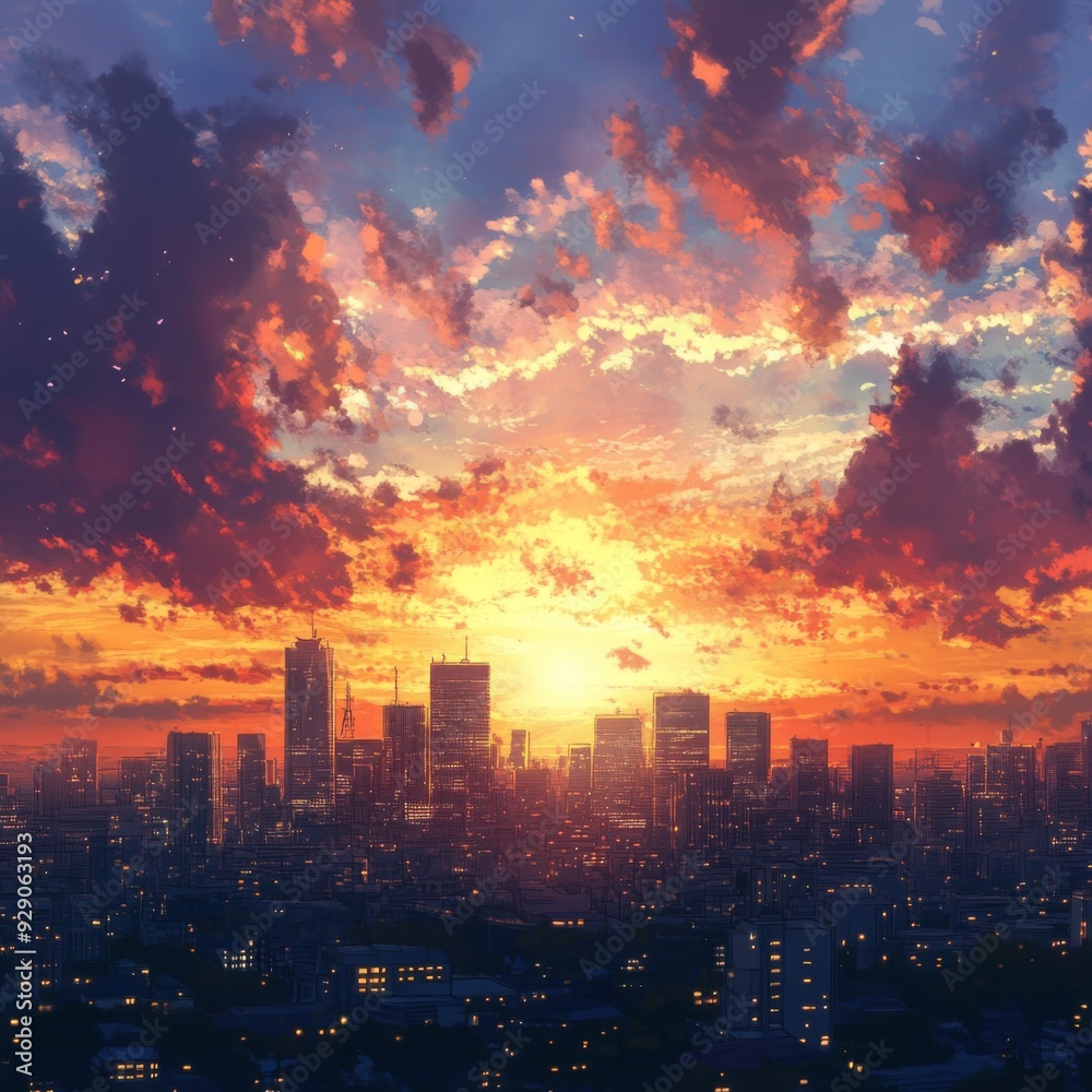 Obraz premium Enchanted anime-style City Skyline at Golden Hour: A Creative Marketing Concept Illustrating the Commuter's Journey,Anime-Style,illustration,Picture BooksFor Poster,Novel,UI,WEB,Game,Design,Abstract