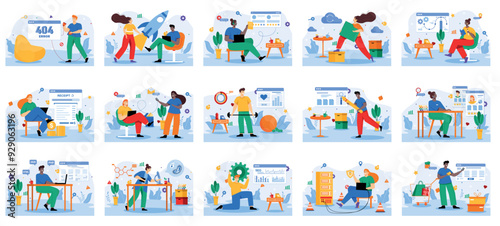 Bundle of vivid concepts with people scene in flat cartoon design. A large selection of colorful images showing men and women in various life situations on a blue background. Vector illustration.