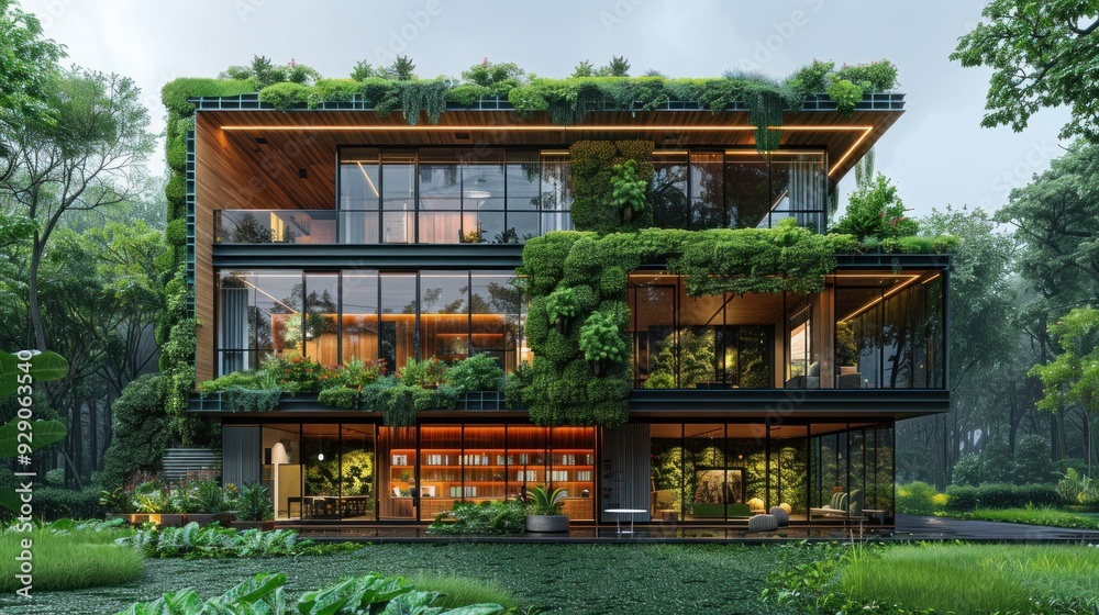 Modern Sustainable House with Vertical Garden and Large Glass Windows in a Lush Forest Setting Modern Sustainable House with Vertical Garden and Large Glass Windows in a Lush Forest Setting