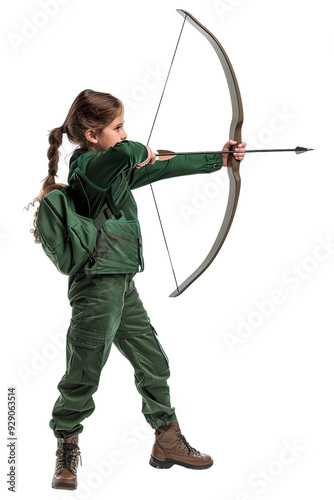 Full length profile shot of a girl in a green archery outfit drawing a bow Isolated on transparent background.