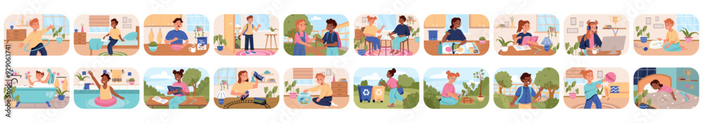 Mega set of cute concepts with people scene in flat cartoon design. This set of bright illustrations is made in saturated colors and shows children in various life situations. Vector illustration. Mega set of cute concepts with people scene in flat cartoon design. This set of bright illustrations is made in saturated colors and shows children in various life situations. Vector illustration.