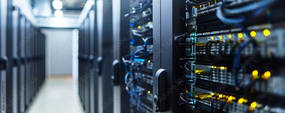 Communication and Telecommunications Industry: Show a data center with rows of servers. Foreground includes network cables and monitors. High resolution with natural lighting. Communication and Telecommunications Industry: Show a data center with rows of servers. Foreground includes network cables and monitors. High resolution with natural lighting.