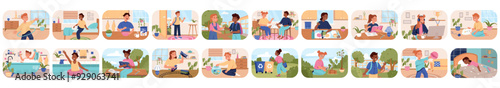 Mega set of cute concepts with people scene in flat cartoon design. This set of bright illustrations is made in saturated colors and shows children in various life situations. Vector illustration.