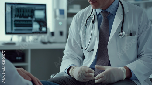 Photo of a doctor performing a medical examination in a modern clinic, with advanced medical equipment in the background. Advertising, copy space, text