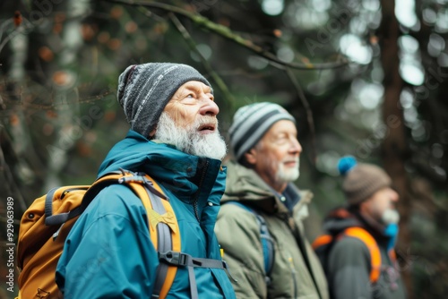 Three elderly men, bundled up in layers, embark on a winter hiking adventure through a forest, observing nature with keen interest.