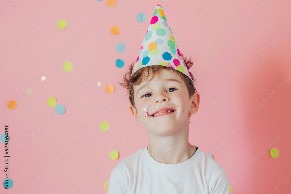 A joyful child in a polka-dot party hat smiles against a pastel pink background with colorful confetti, capturing a moment of pure happiness and celebration.