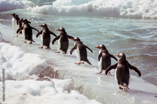 A line of penguins waddles along the icy edge, their slick black and white bodies contrasting with the blue, glacial water.