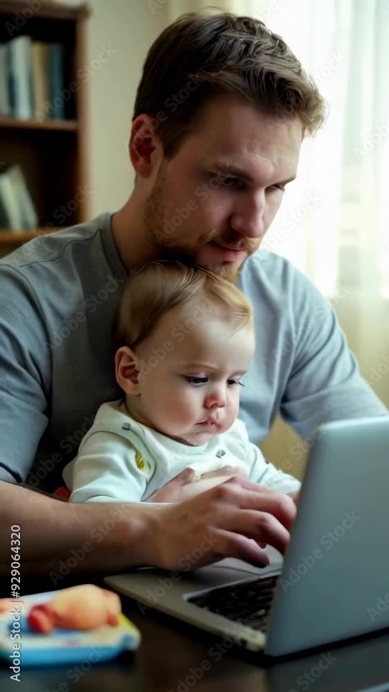 Young father working on a laptop at office home, holding him young child in his arms. Young father working on a laptop at office home, holding him young child in his arms.
