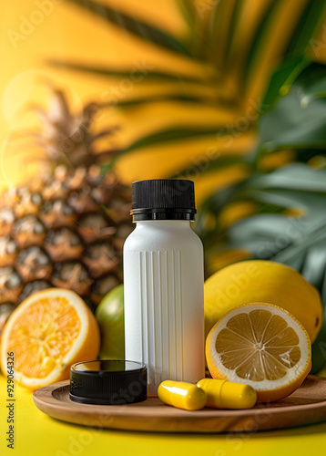 One Vitamin supplement with black lids and white bottle stickers in the middle, The background is lifestyle scense,noni fruit ,bright tone 
 photo