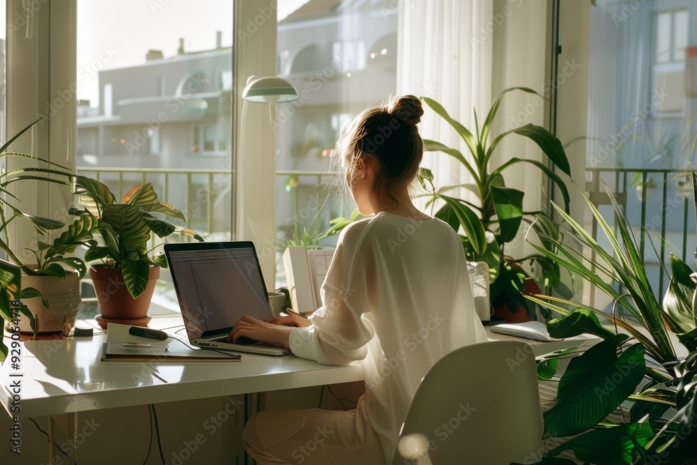 An artist creates from a sunlit home studio, surrounded by plants and a laptop, fusing creativity with nature and digital tools in a serene modern workspace. An artist creates from a sunlit home studio, surrounded by plants and a laptop, fusing creativity with nature and digital tools in a serene modern workspace.