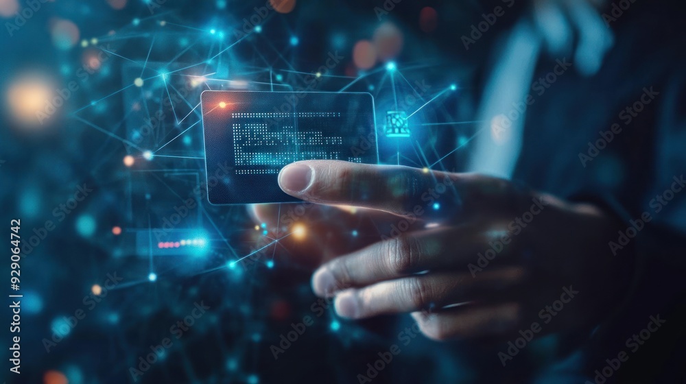 Hand Holding a Digital Chip with a Network of Blue Lines Hand Holding a Digital Chip with a Network of Blue Lines