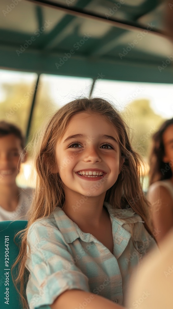 A young girl beams with joy while enjoying time with friends on a boat under the sun A young girl beams with joy while enjoying time with friends on a boat under the sun
