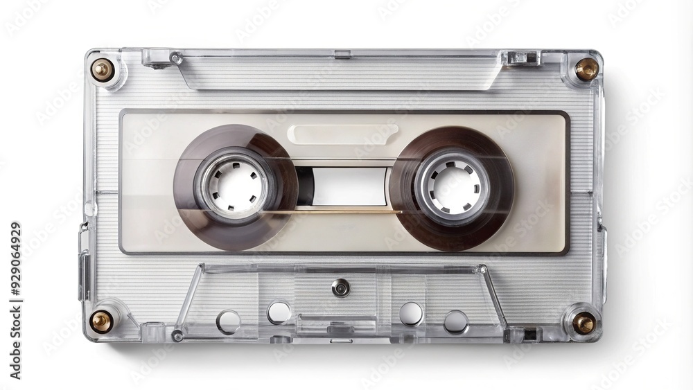 Retro music cassette tape mockup with transparent plastic case, reels, and blank label, isolated on a white background, ideal for customization. Retro music cassette tape mockup with transparent plastic case, reels, and blank label, isolated on a white background, ideal for customization.