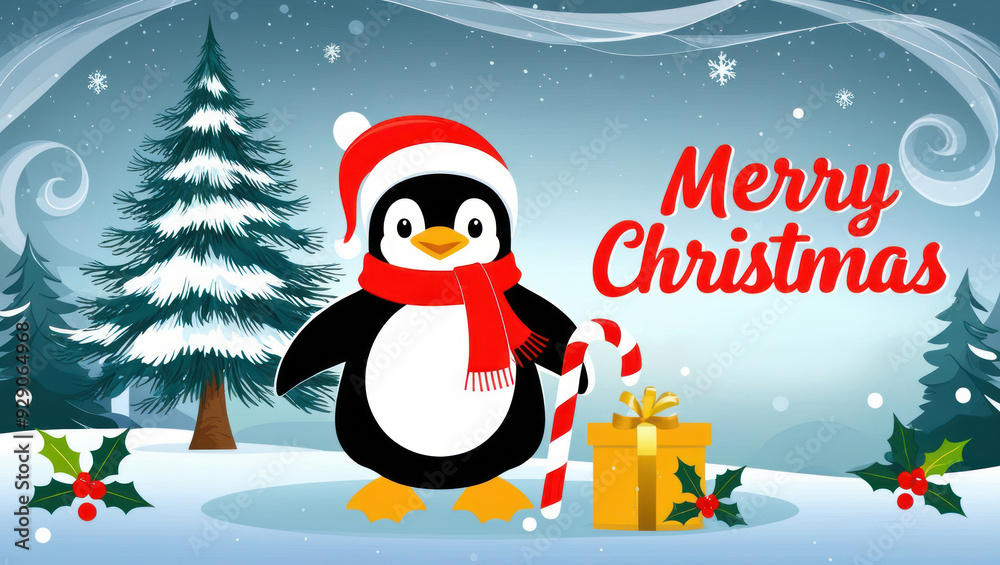 Merry Christmas and happy new year greeting card with cute penguin. Holiday cartoon character in winter season. AI Merry Christmas and happy new year greeting card with cute penguin. Holiday cartoon character in winter season. AI