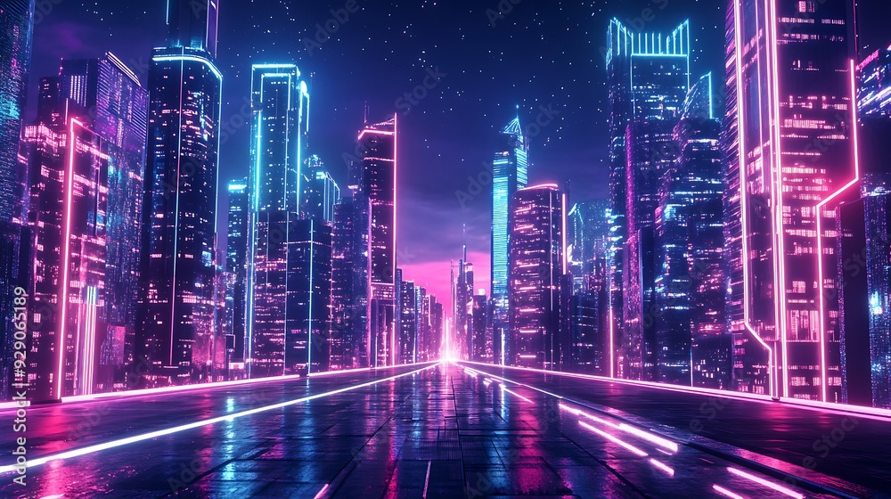 A Neon-Lit Cityscape with a Wet Roadway A Neon-Lit Cityscape with a Wet Roadway