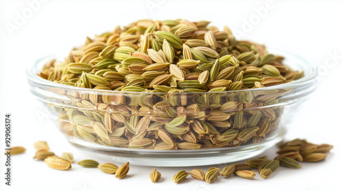 Fennel seeds in a glass bowl isolated on a white background 