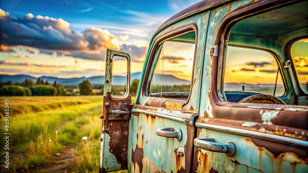 Retro-style car doors with worn, faded paint and rusty hinges, adorned with vintage license plates, against a blurred, serene countryside background. Retro-style car doors with worn, faded paint and rusty hinges, adorned with vintage license plates, against a blurred, serene countryside background.