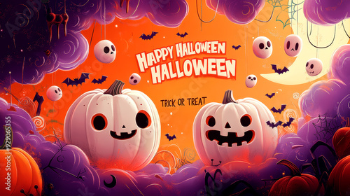 Spooky Halloween scene with pumpkins, ghosts, and Trick or Treat text.
