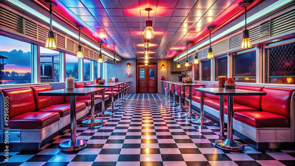Fototapeta premium Retro-style diner with neon sign, vinyl booths, and a checkered floor, evoking a bygone era of classic American roadside culture and nostalgia.