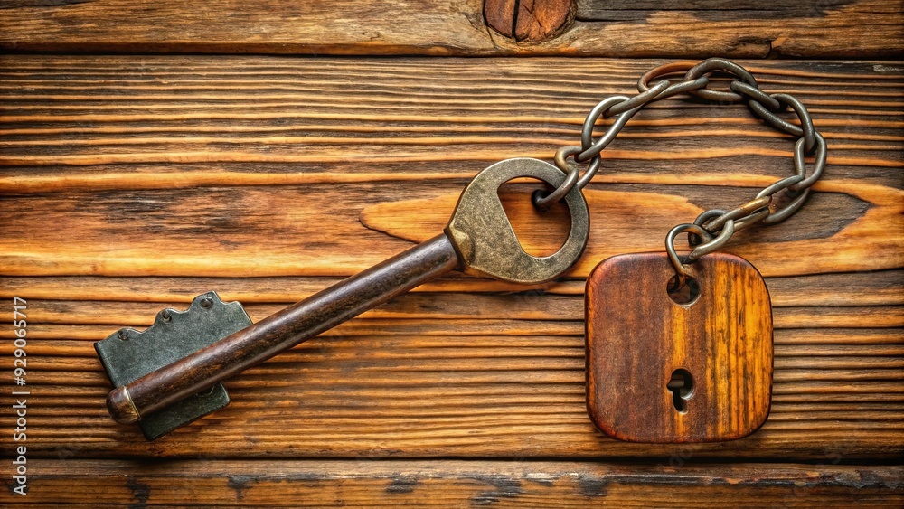 Retro-styled motel key with a worn wooden tag and rusty metal chain, evoking a sense of nostalgia and American roadside travel. Retro-styled motel key with a worn wooden tag and rusty metal chain, evoking a sense of nostalgia and American roadside travel.