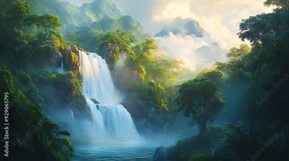 Misty Mountain Waterfall Cascading Through Lush Jungle