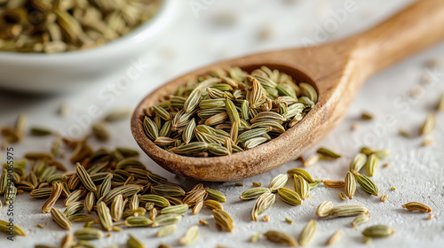 Fennel seeds in a wooden spoon on a clean white background
